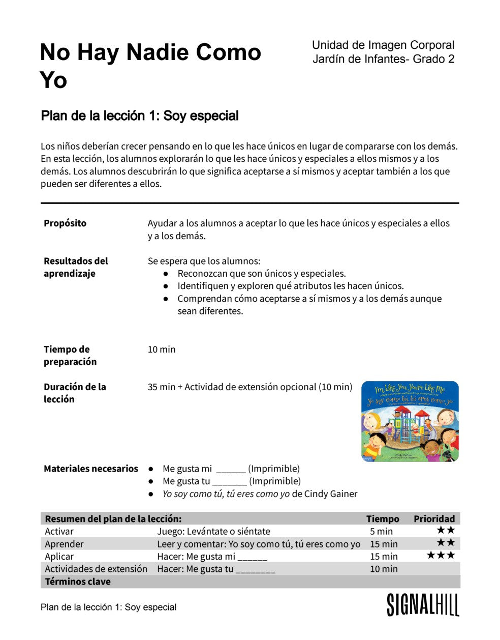 No Hay Nadie Como Yo - Paquete de Plan de Lecciones (4 Plan de Lecciones)