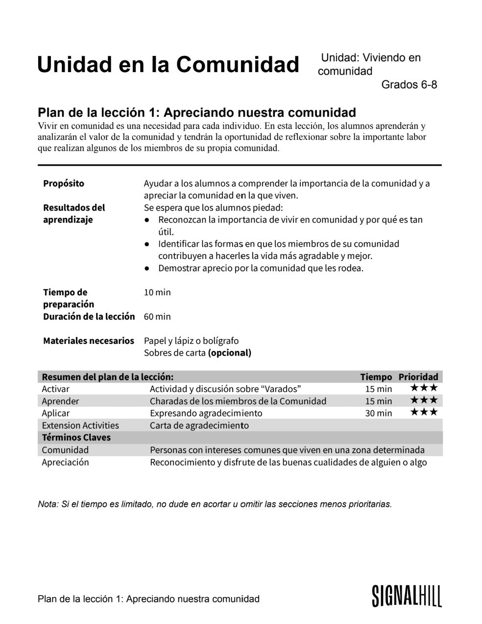 Unidad en la Comunidad -  Paquete de Plan de Lecciones (4 Plan de Lecciones)