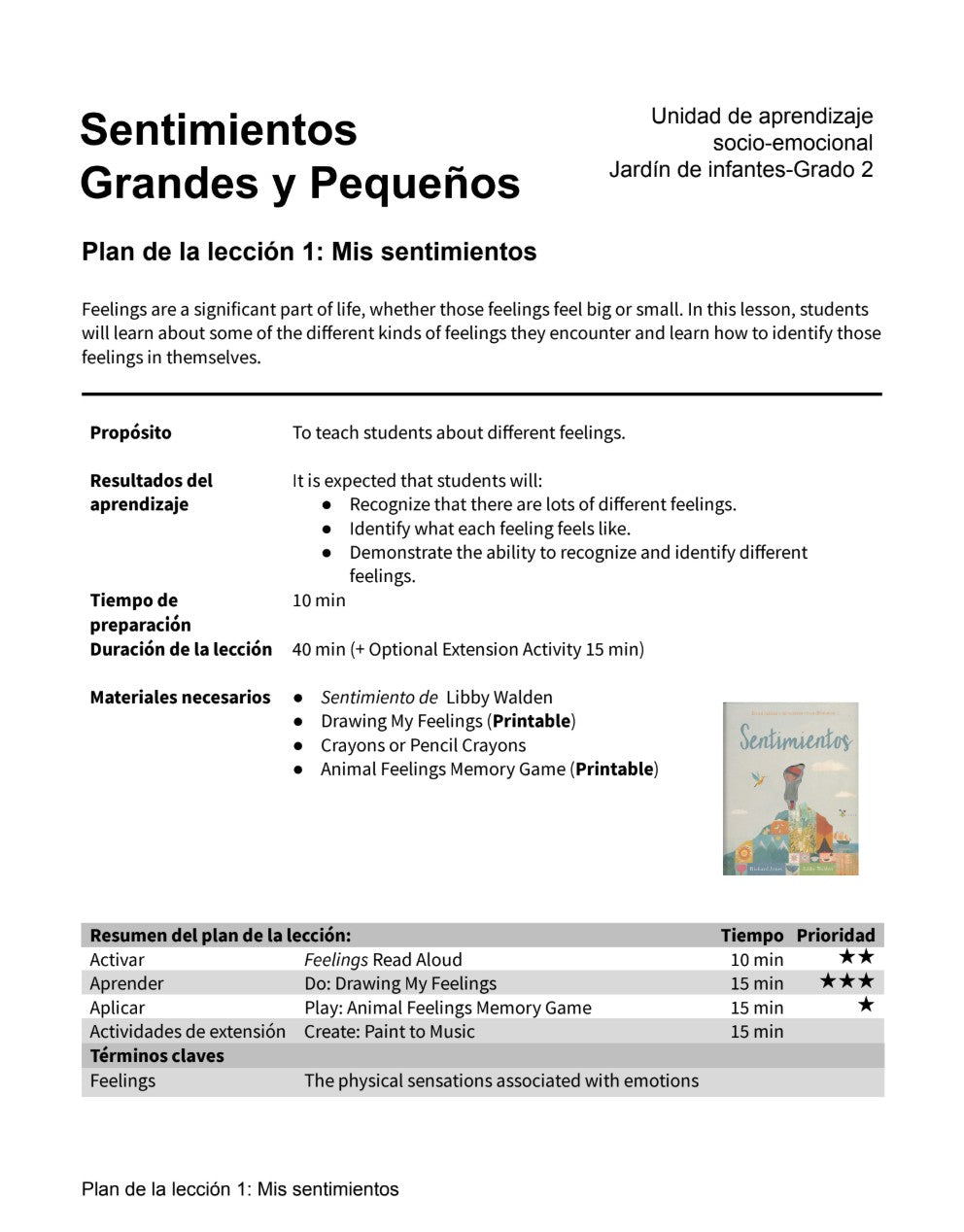 Sentimientos Grandes y Pequeños - Paquete de Plan de Lecciones (4 Plan de Lecciones)