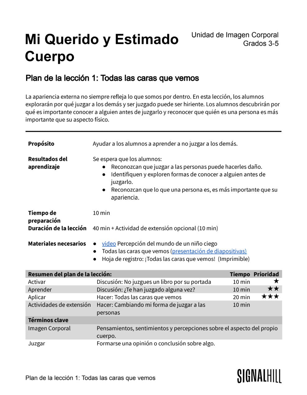 Mi Querido y Estimado Cuerpo -  Paquete de Plan de Lecciones (4 Plan de Lecciones)
