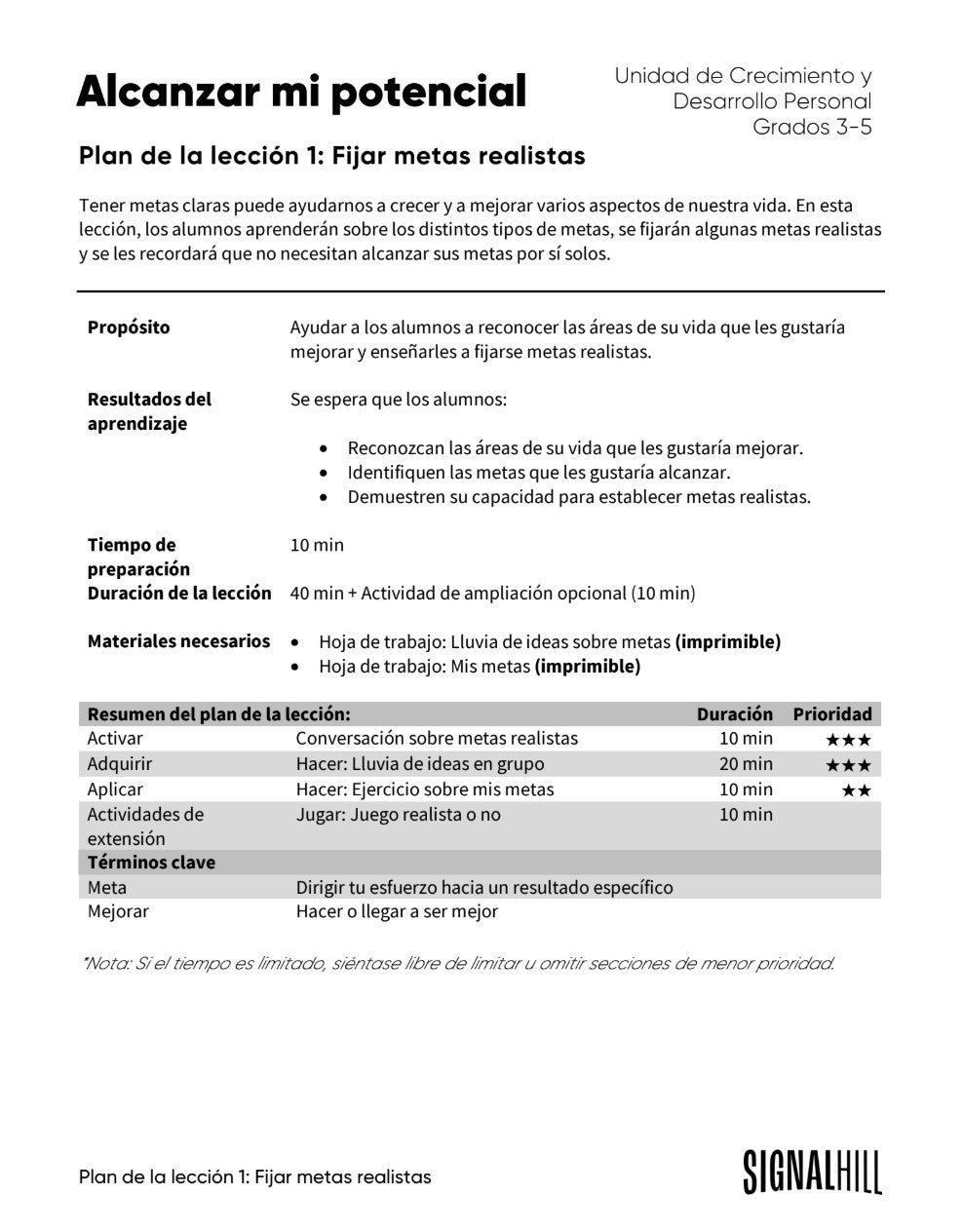 Alcanzar mi Potencial -  Paquete de Plan de Lecciones (4 Plan de Lecciones)