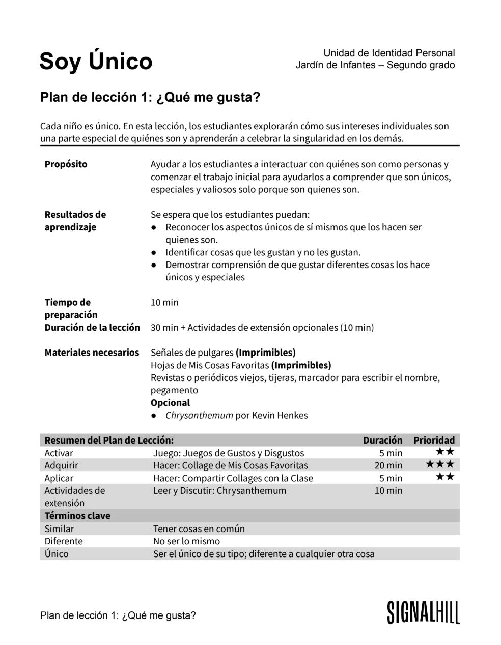 Soy Único - Paquete de Plan de Lecciones (4 Plan de Lecciones)
