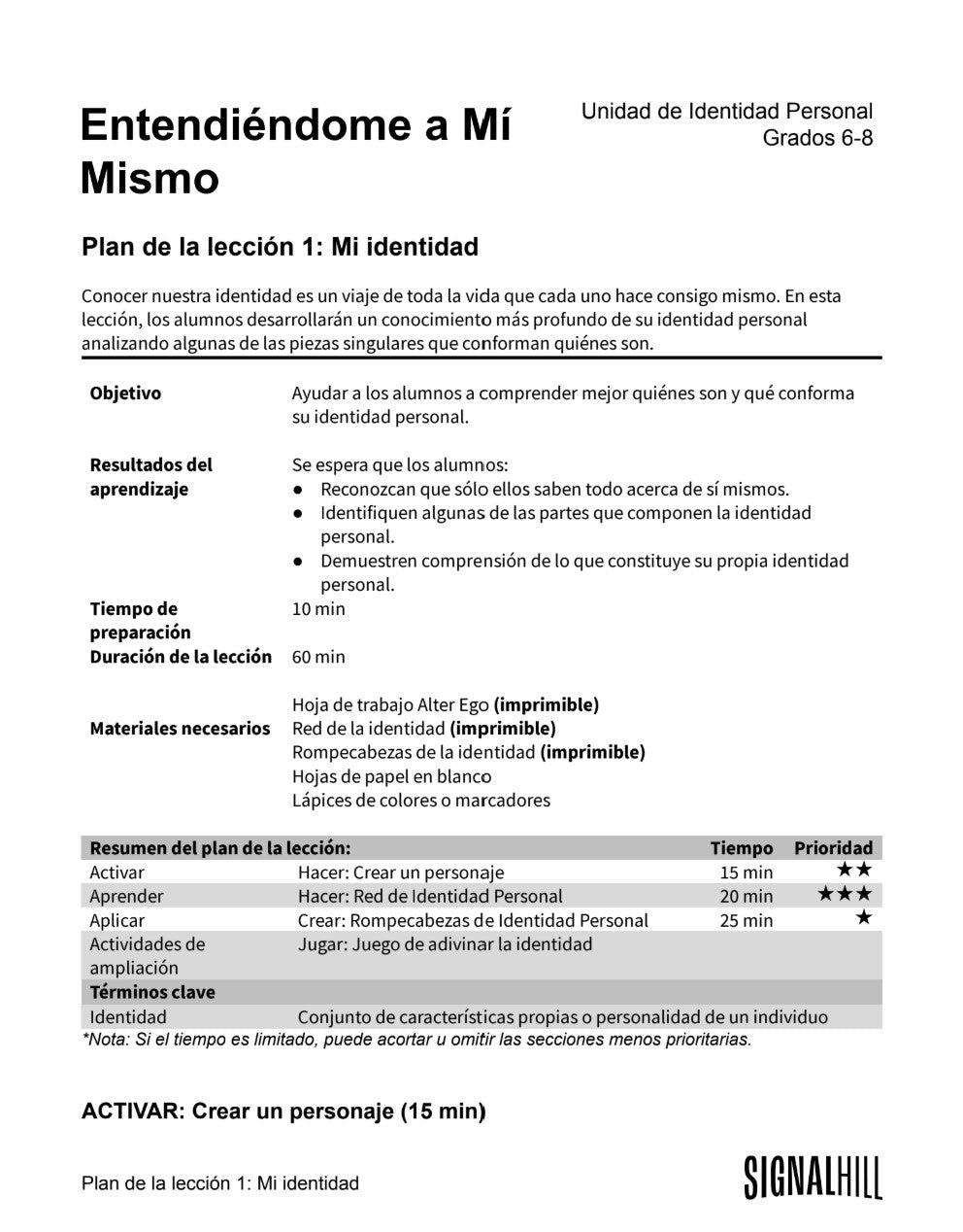 Entendiéndome a mi mismo  -  Paquete de Plan de Lecciones (4 Plan de Lecciones)