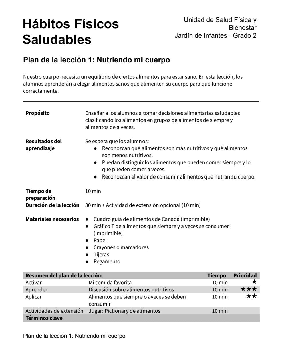 Hábitos Físicos Saludables - Paquete de Plan de Lecciones (4 Plan de Lecciones)