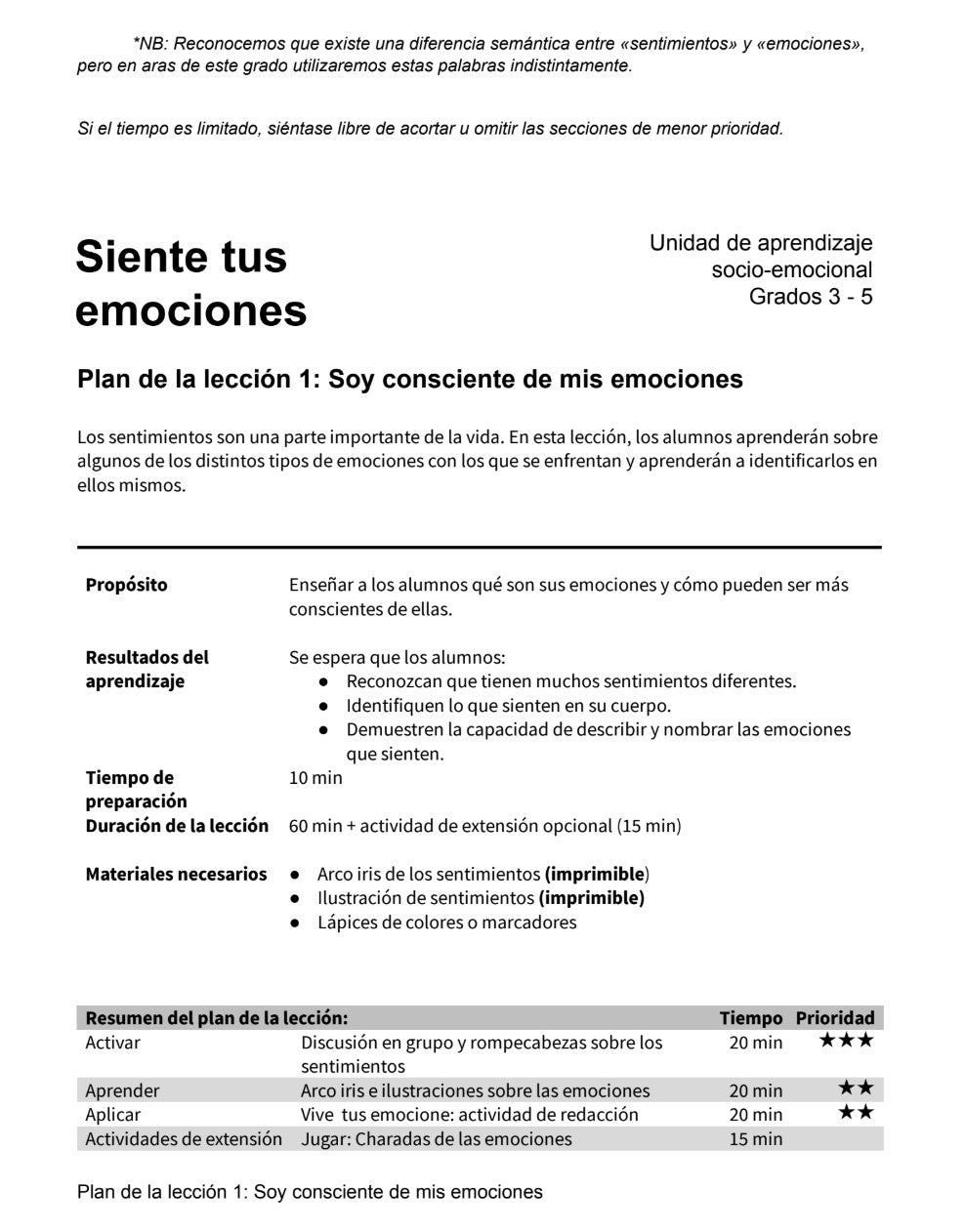 Siente tus Emociones -  Paquete de Plan de Lecciones (4 Plan de Lecciones)