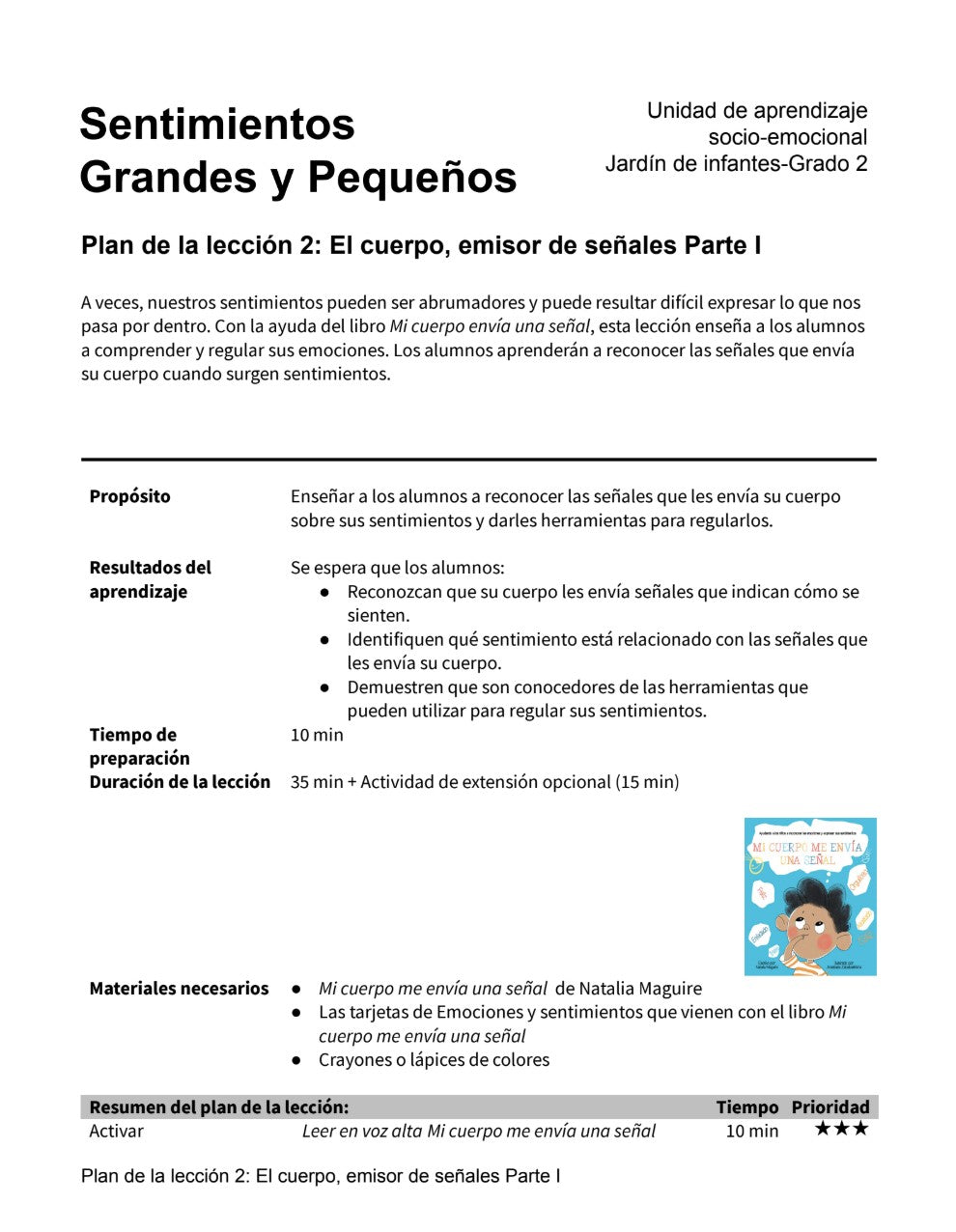 Sentimientos Grandes y Pequeños - Paquete de Plan de Lecciones (4 Plan de Lecciones)