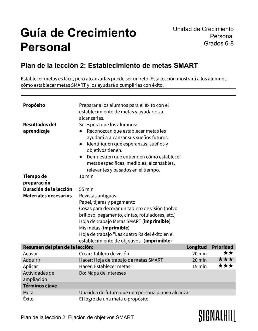 Guía de Crecimiento Personal  -  Paquete de Plan de Lecciones (4 Plan de Lecciones)