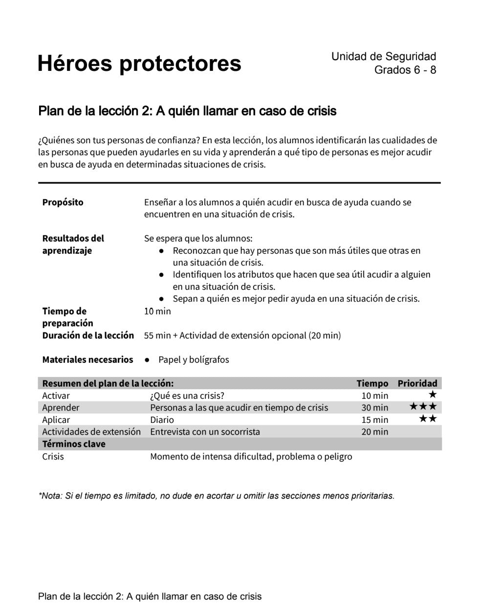 Héroes Protectores  -  Paquete de Plan de Lecciones (4 Plan de Lecciones)
