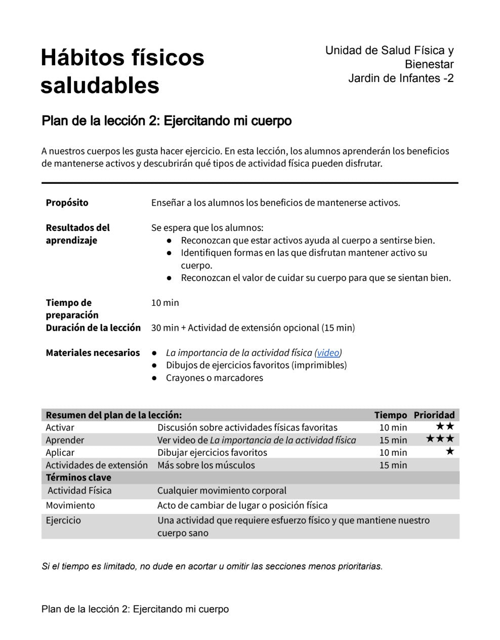 Lección 2: Ejercitando mi cuerpo