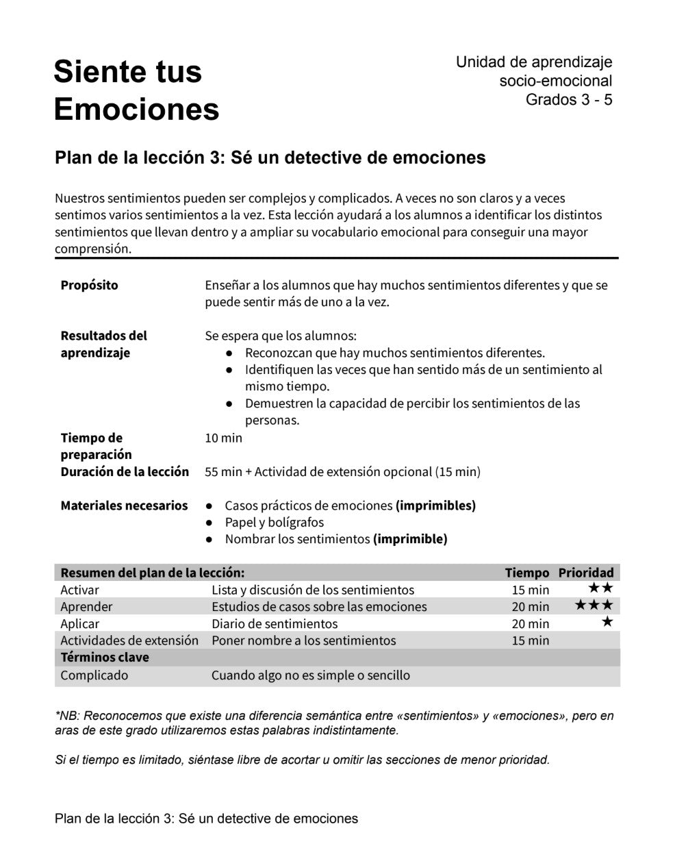 Siente tus Emociones -  Paquete de Plan de Lecciones (4 Plan de Lecciones)
