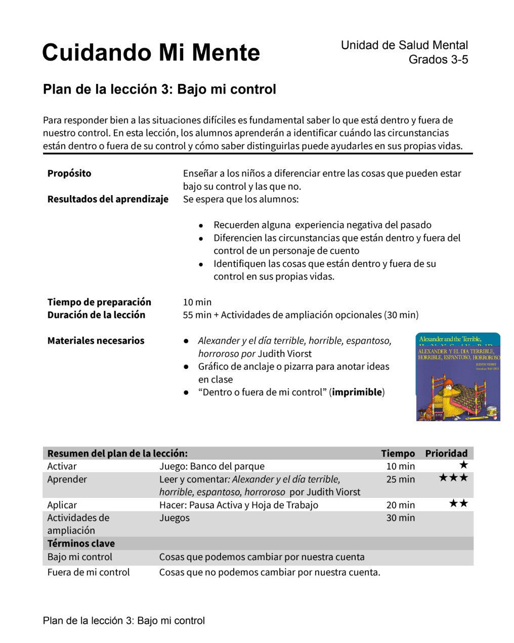 Cuidando mi Mente - Paquete de Plan de Lecciones (4 Plan de Lecciones)