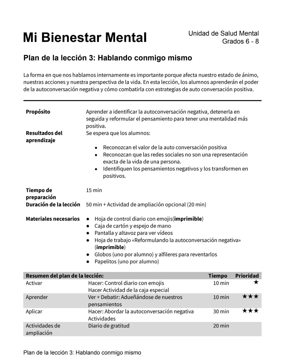 Mi Bienestar Mental  -  Paquete de Plan de Lecciones (4 Plan de Lecciones)