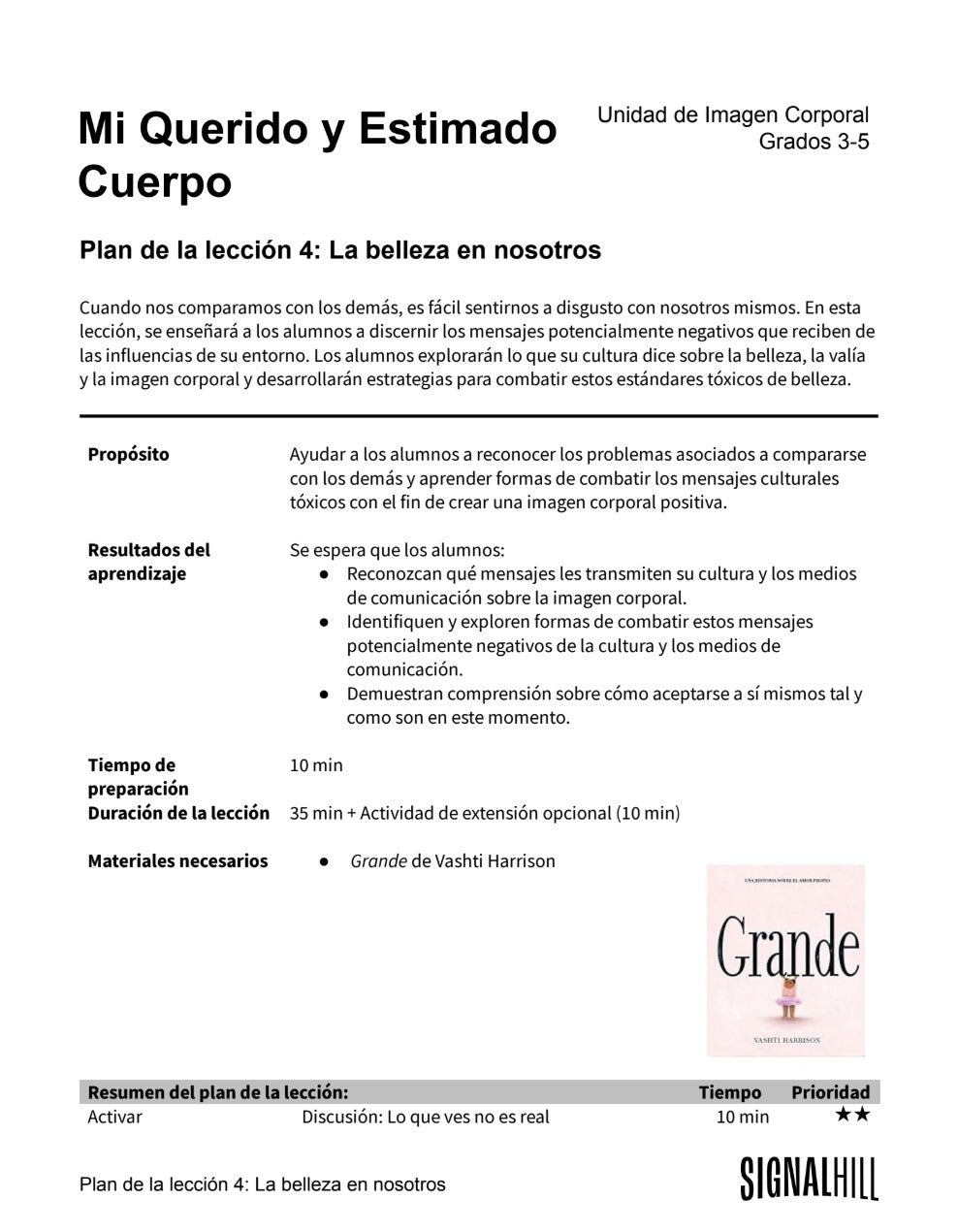 Mi Querido y Estimado Cuerpo -  Paquete de Plan de Lecciones (4 Plan de Lecciones)