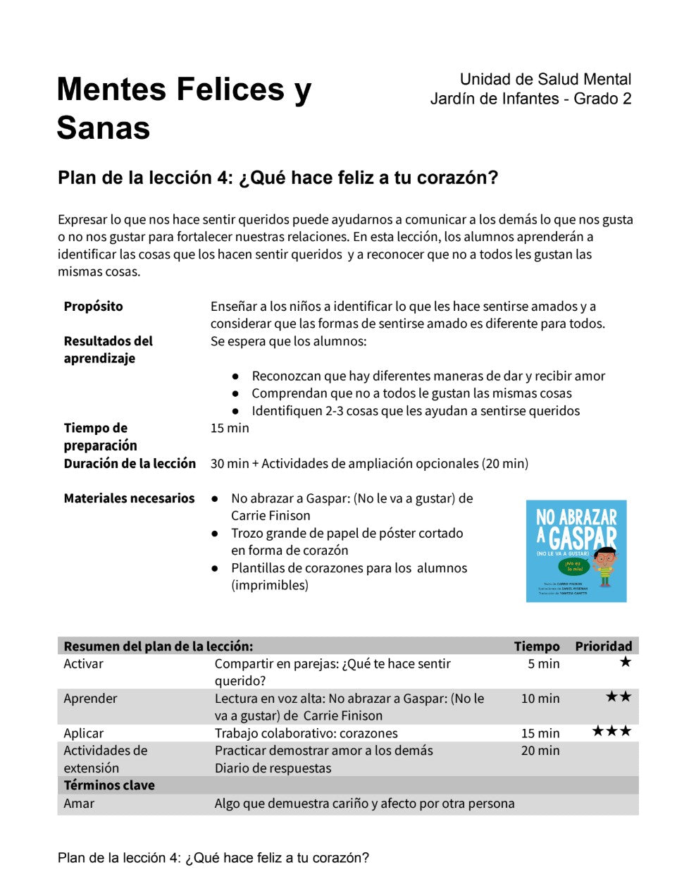 Mentes Felices y Sanas - Paquete de Plan de Lecciones (4 Plan de Lecciones)