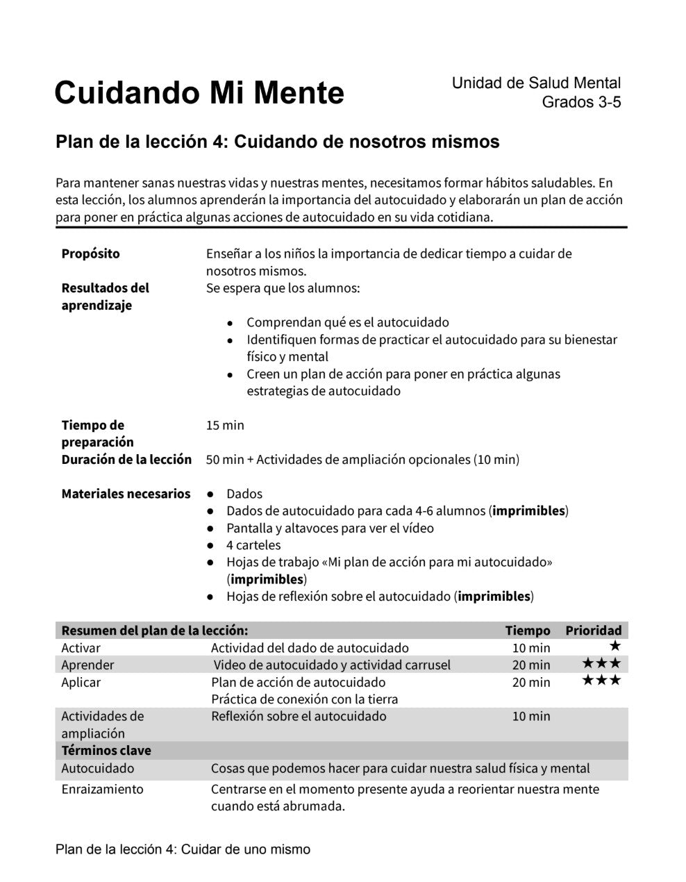 Cuidando mi Mente - Paquete de Plan de Lecciones (4 Plan de Lecciones)