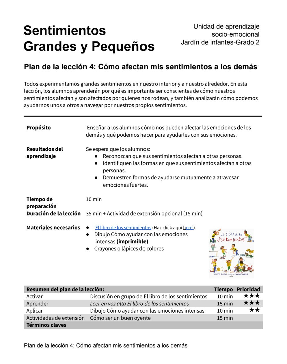 Sentimientos Grandes y Pequeños - Paquete de Plan de Lecciones (4 Plan de Lecciones)