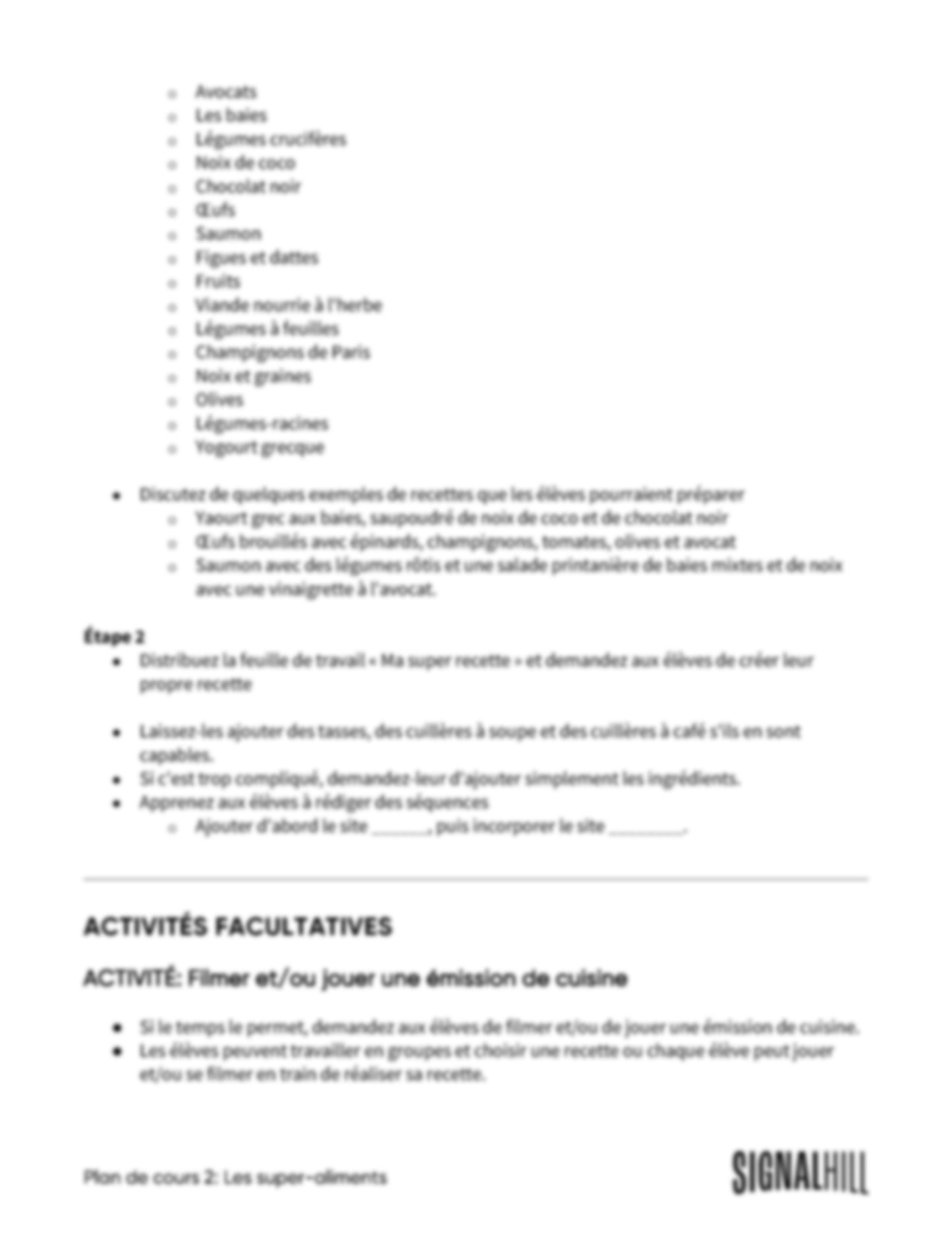 Plan de cours 2: Les super-aliments