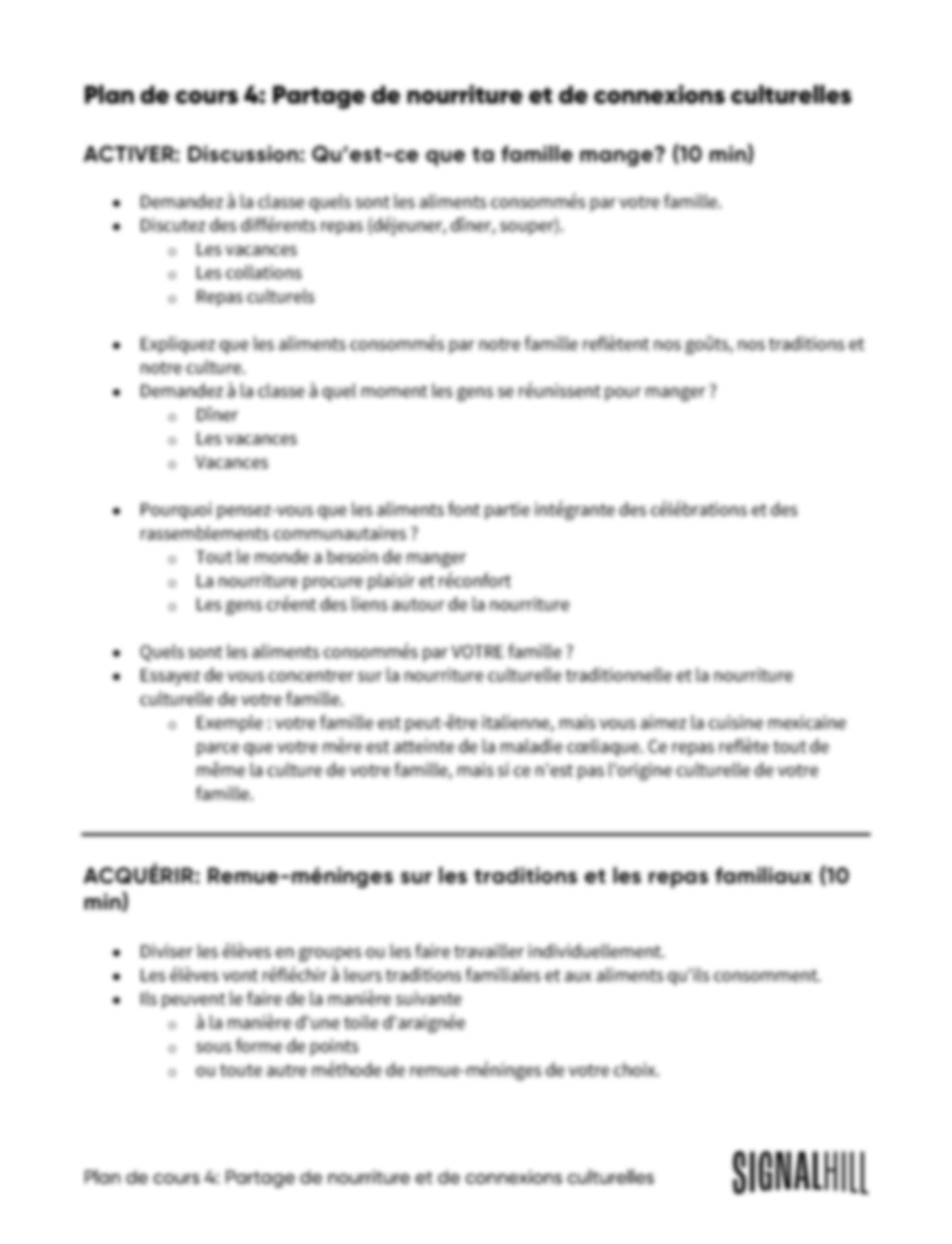 Plan de cours 4: Partage de nourriture et de connexions culturelles