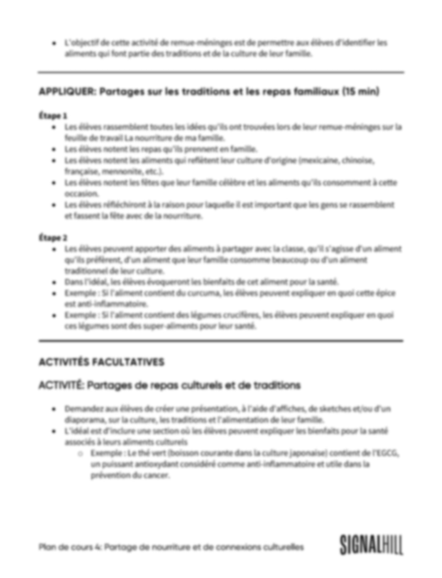 Plan de cours 4: Partage de nourriture et de connexions culturelles