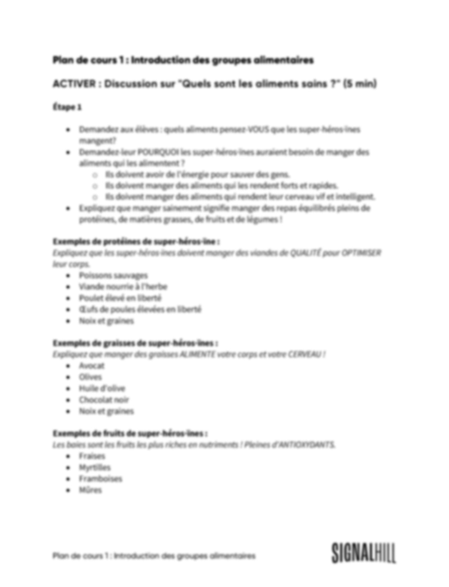 Plan de cours 1: Introduction des groupes alimentaires
