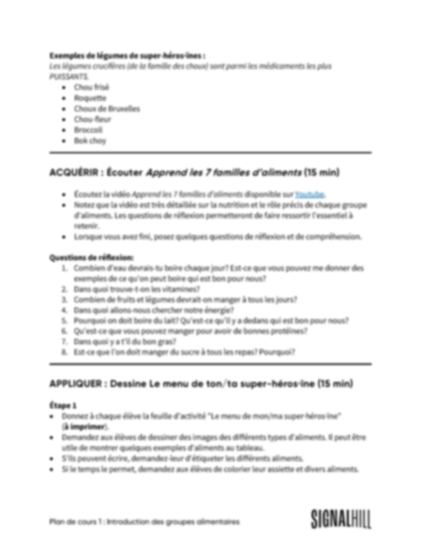 Plan de cours 1: Introduction des groupes alimentaires