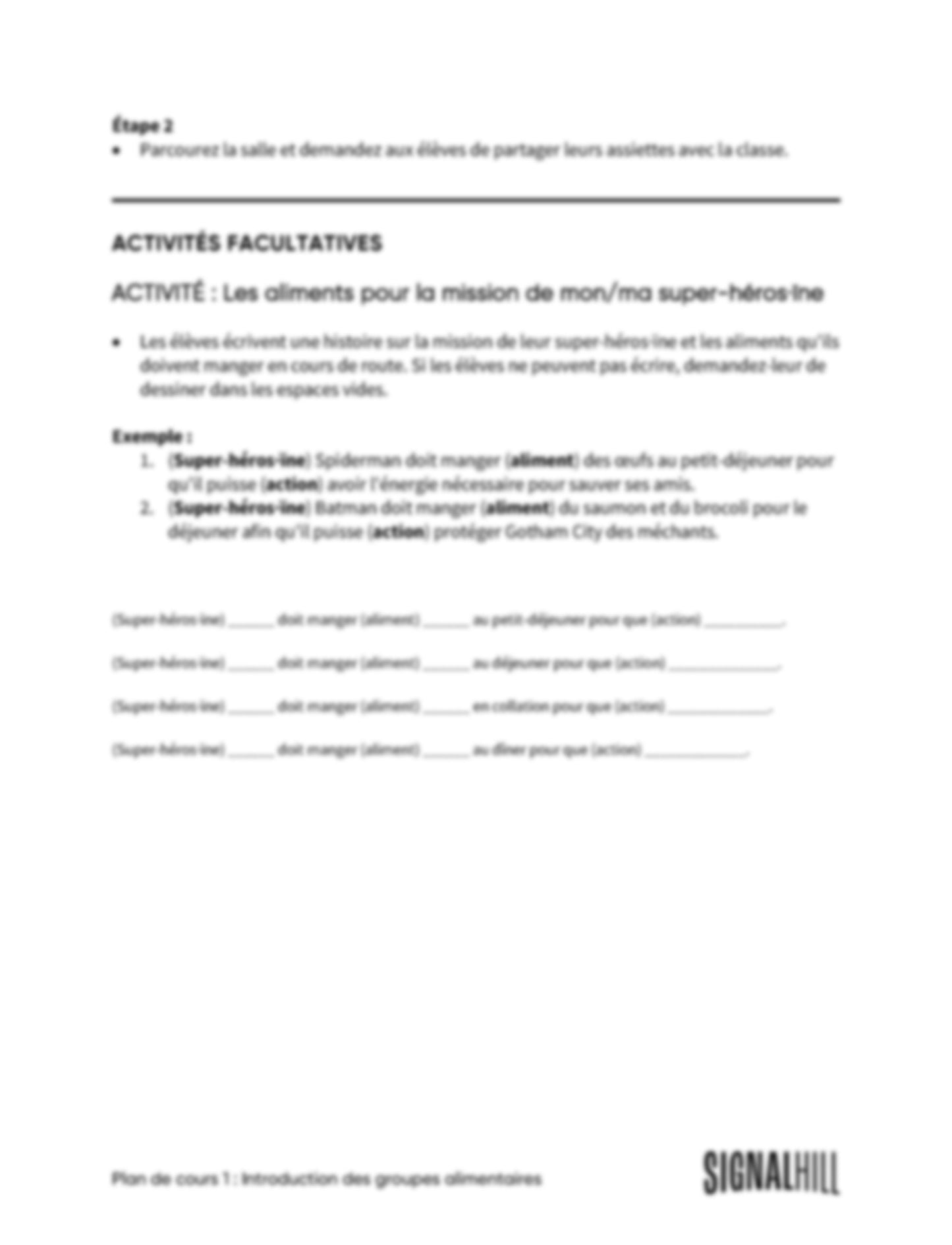 Plan de cours 1: Introduction des groupes alimentaires