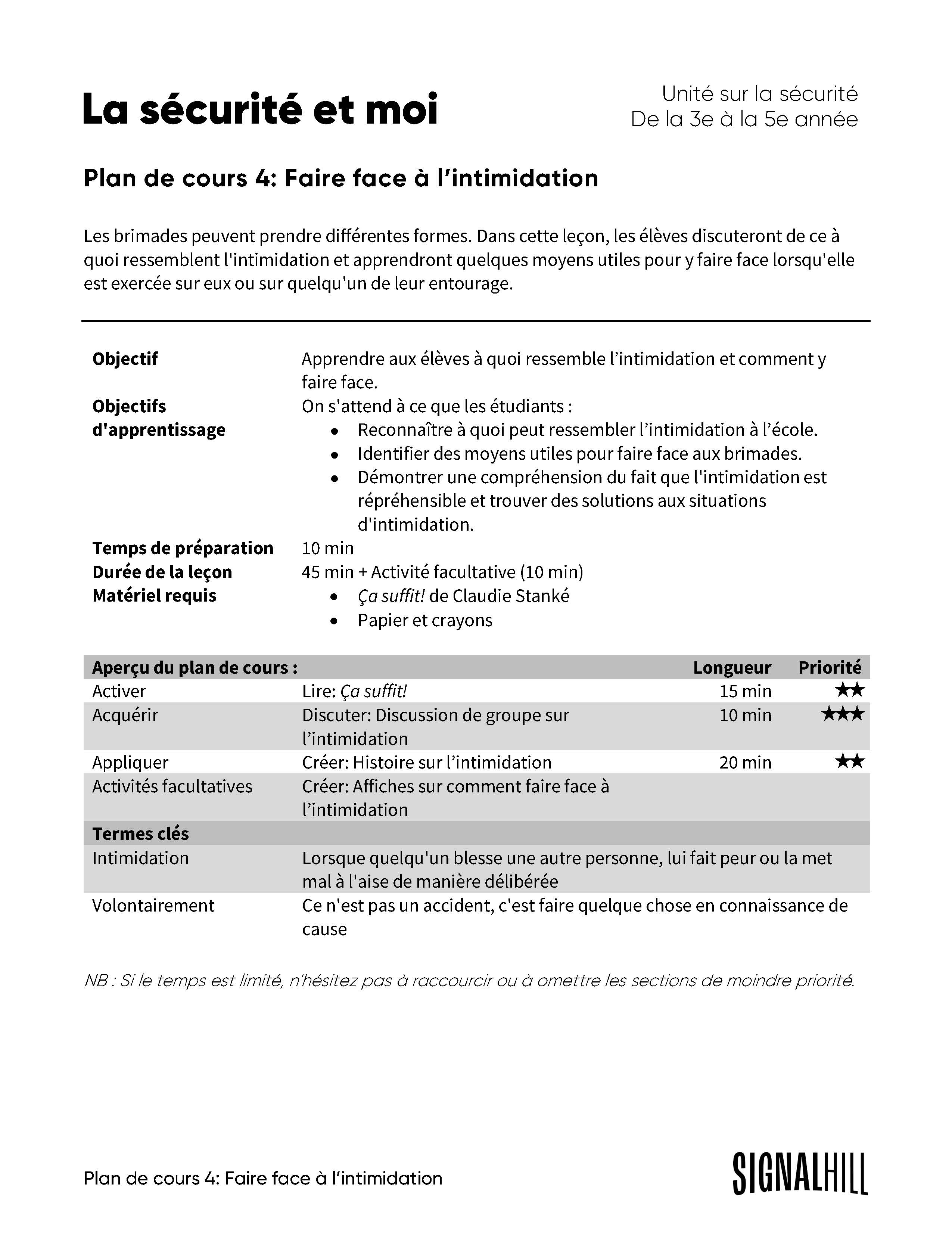 La sécurité et moi - Ensemble de plans de cours (4 plans de cours ...