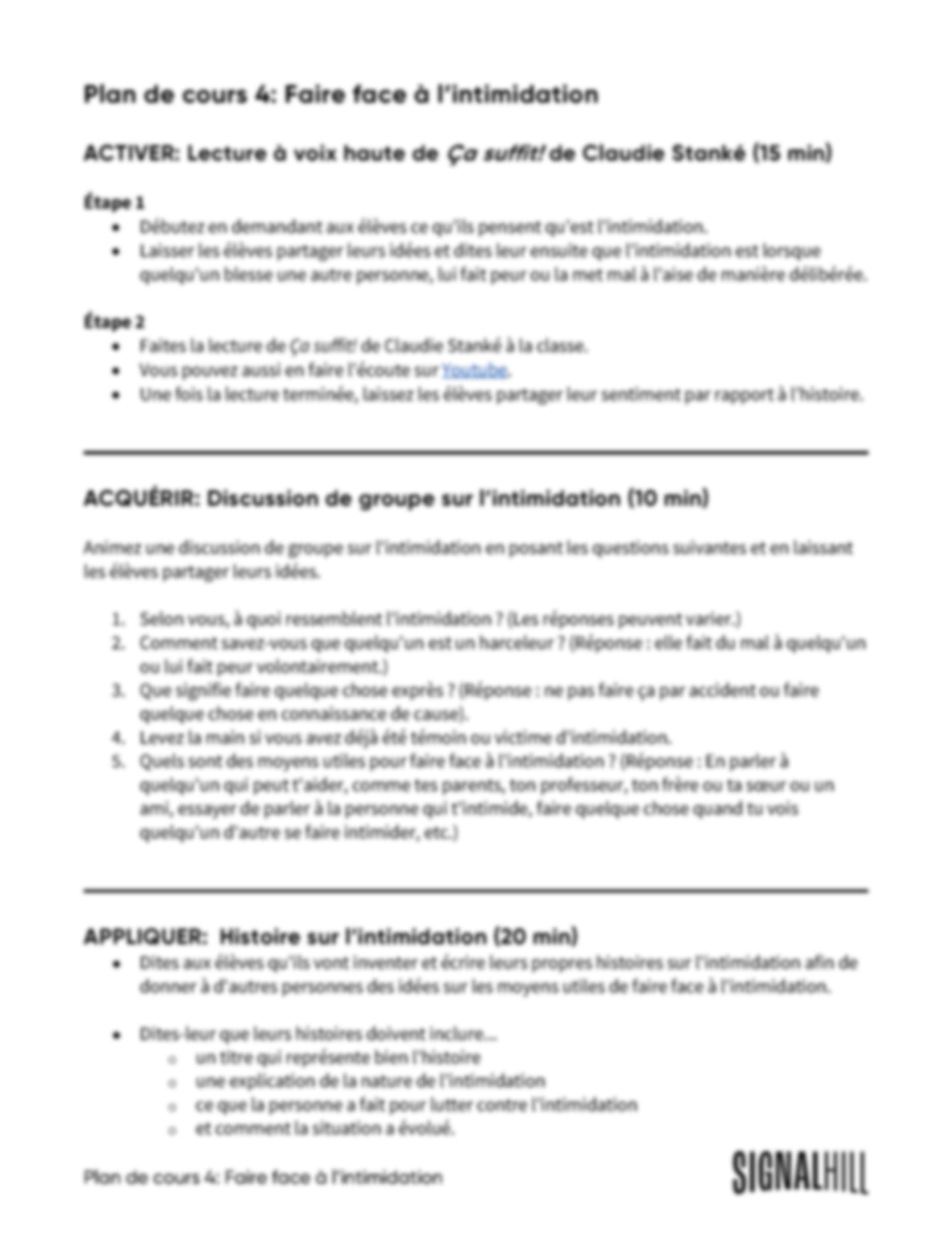 Plan de cours 4: Faire face à l’intimidation