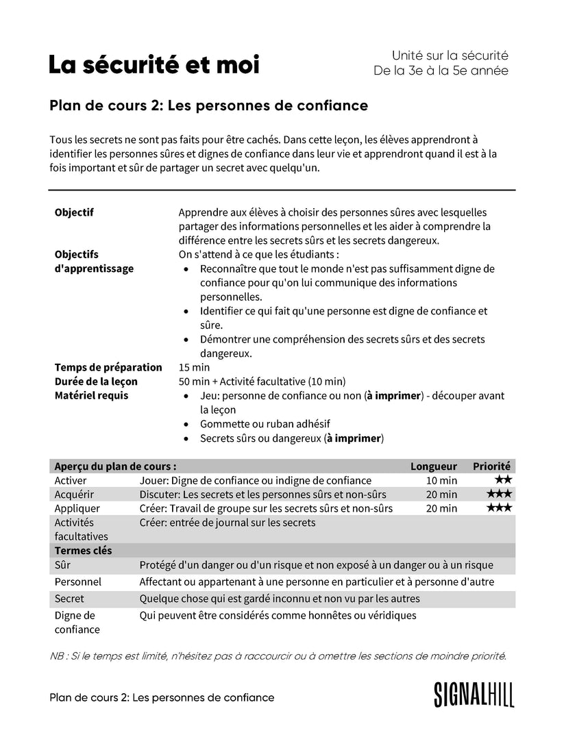 La sécurité et moi - Ensemble de plans de cours (4 plans de cours ...