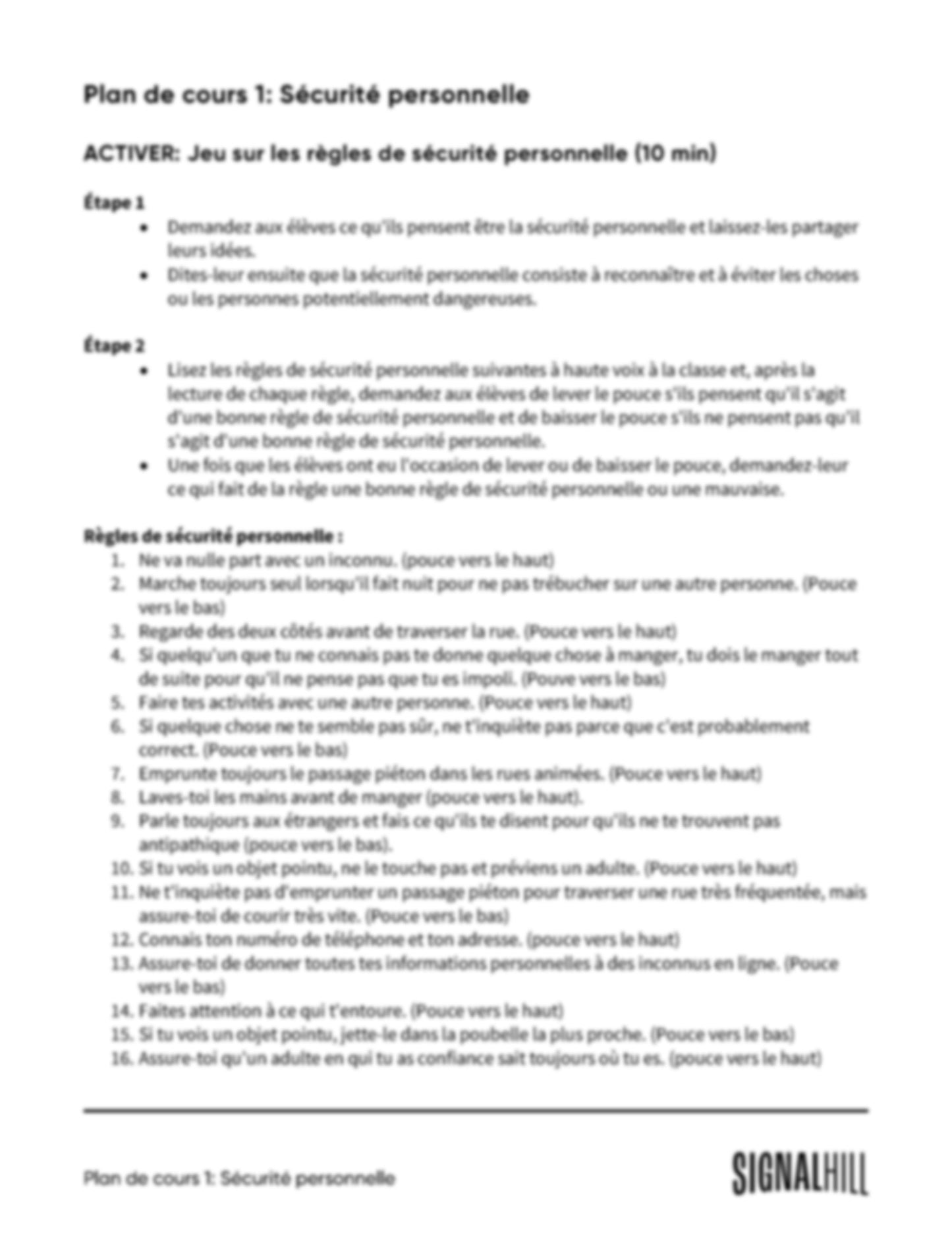 Plan de cours 1: Sécurité personnelle