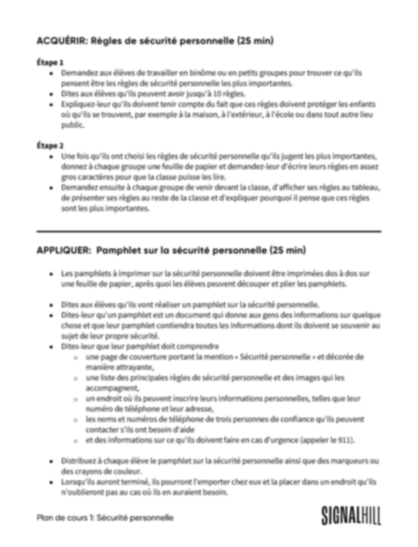 Plan de cours 1: Sécurité personnelle