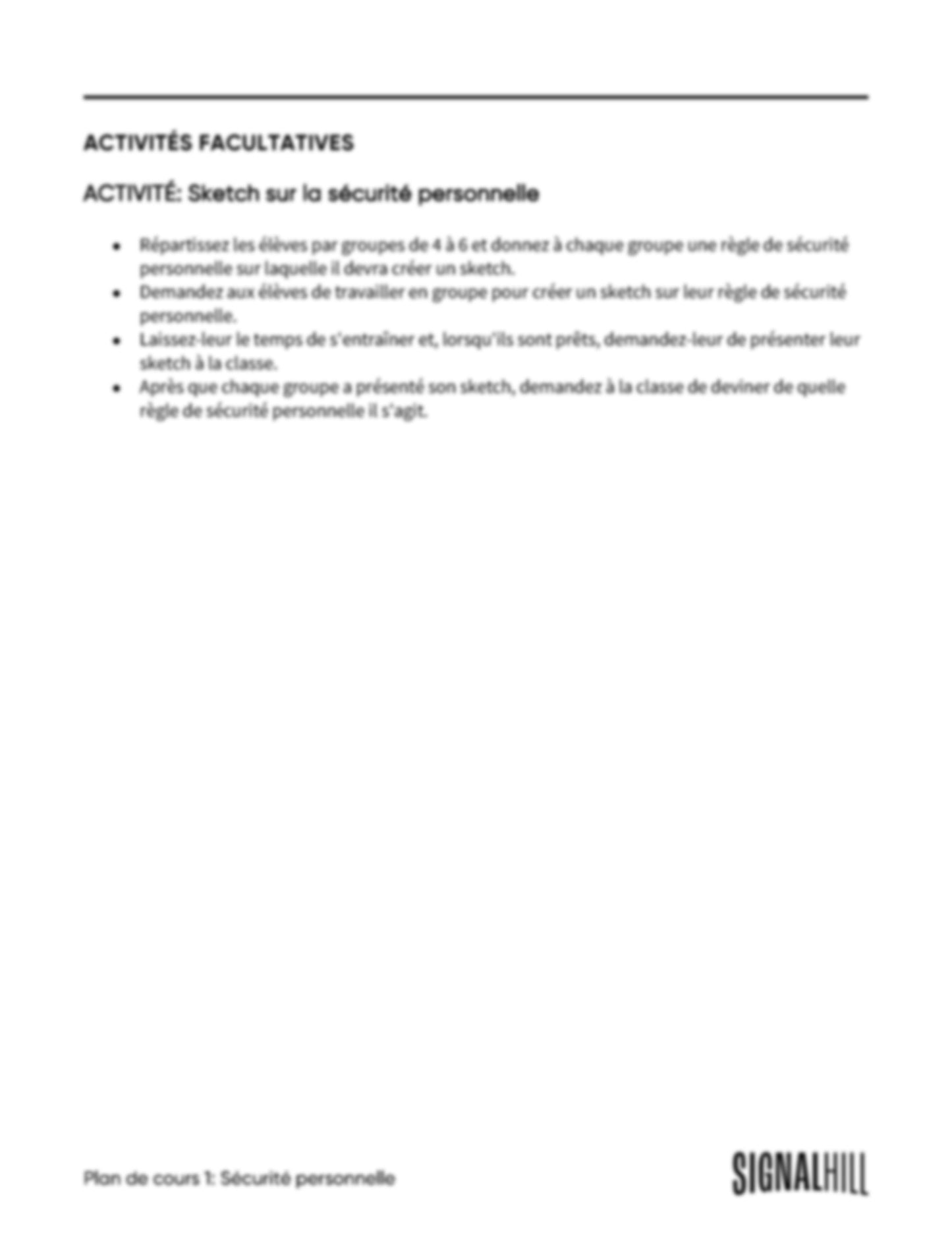 Plan de cours 1: Sécurité personnelle