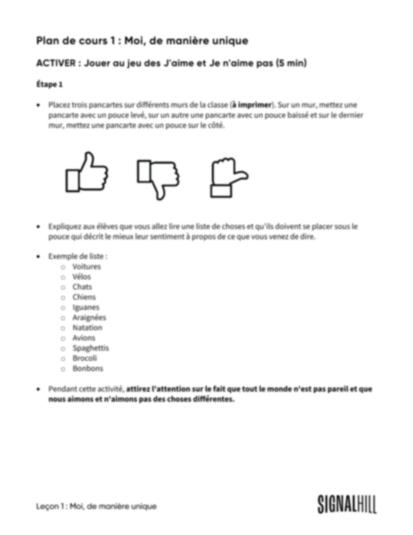 Plan de cours 1: Qu'est-ce que j'aime?