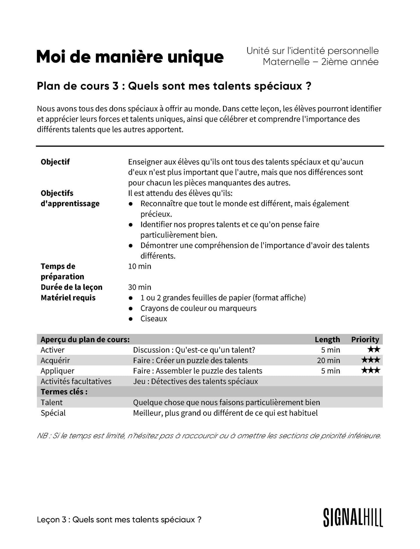 Moi, de manière unique - Ensemble de plans de cours (4 plans de cours)