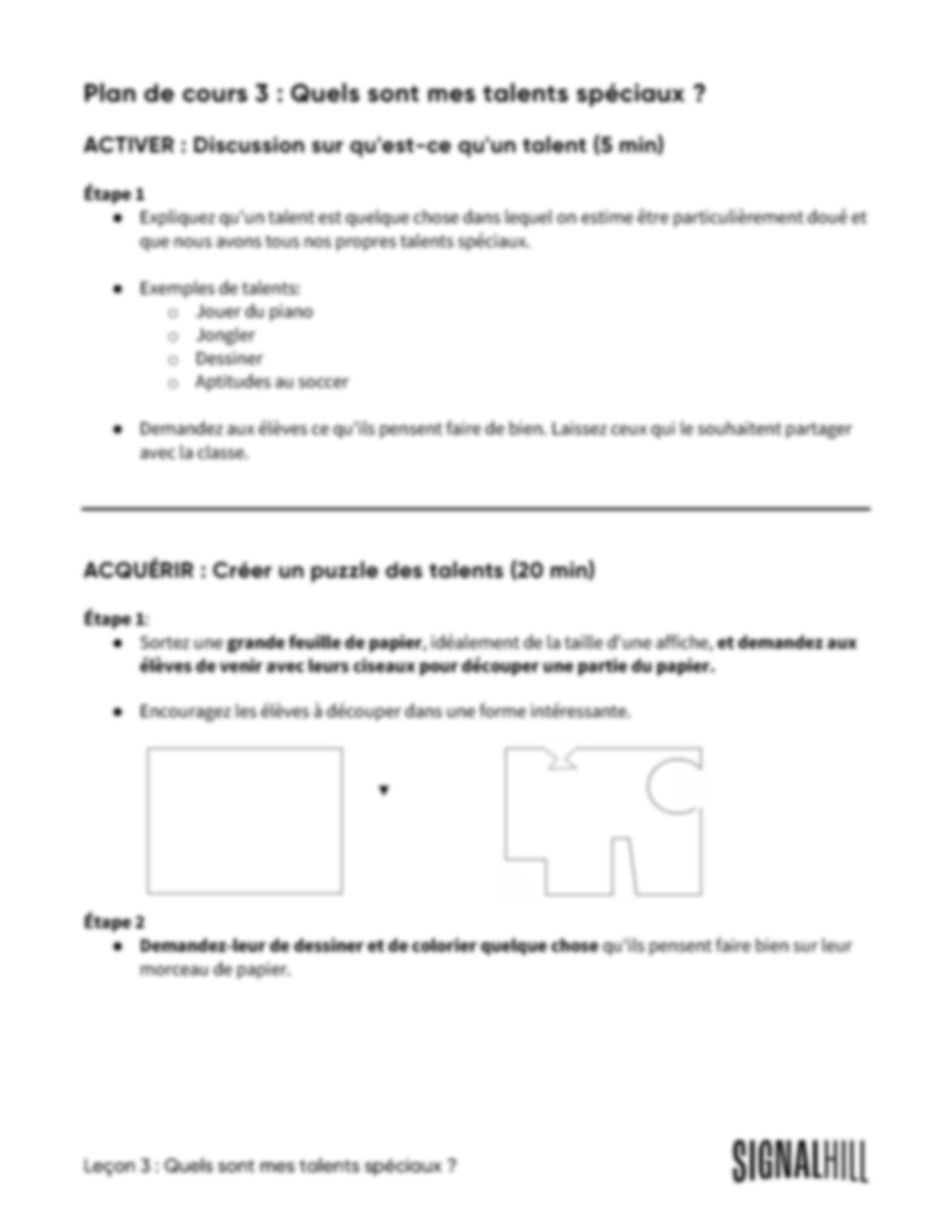 Plan de cours 3: Quels sont mes talents spéciaux?