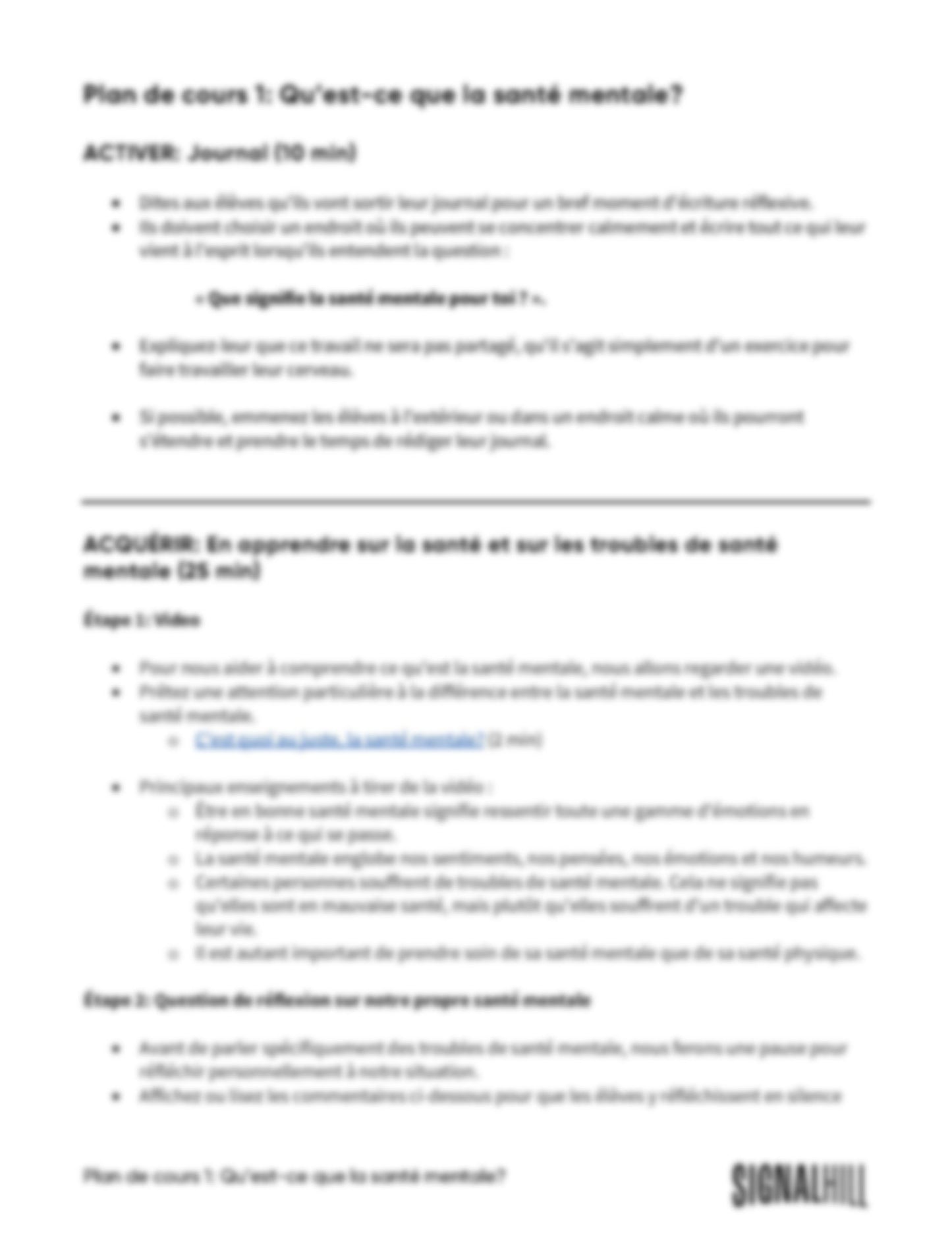 Plan de cours 1: Qu’est-ce que la santé mentale?