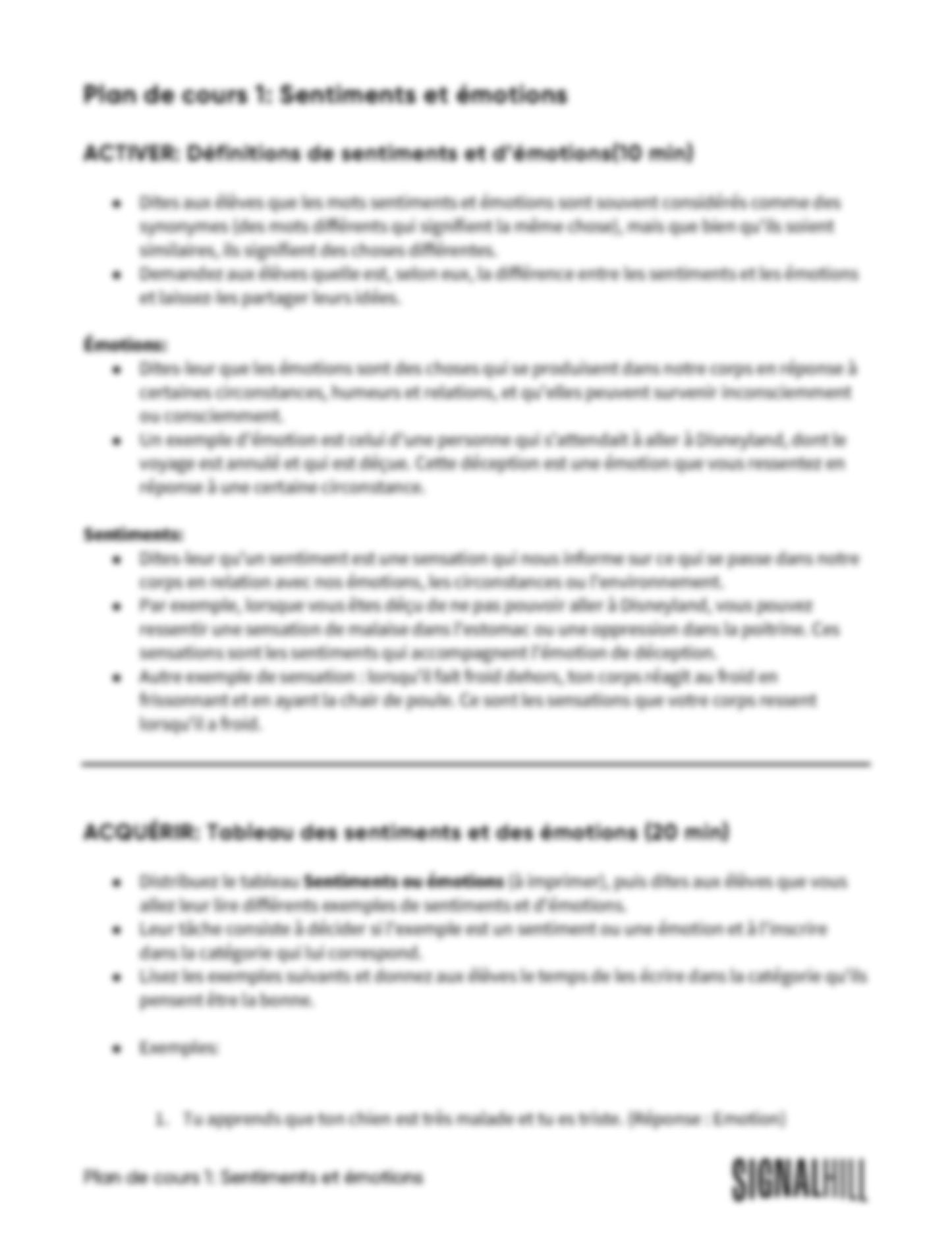 Plan de cours 1: Sentiments et émotions