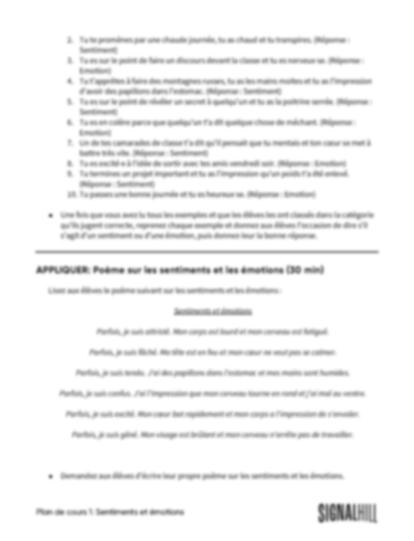 Plan de cours 1: Sentiments et émotions