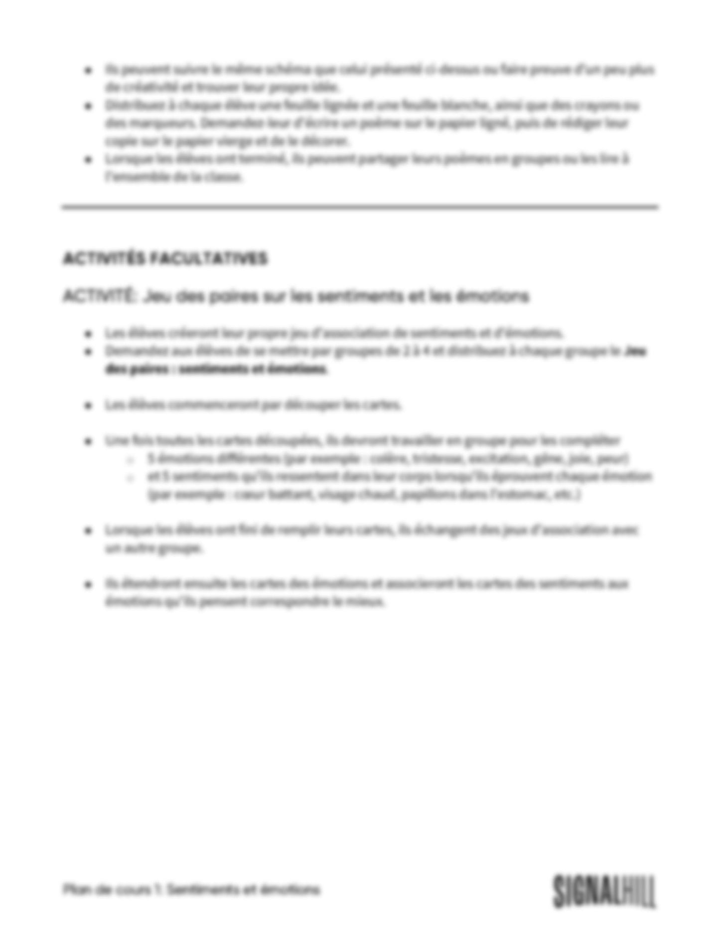 Plan de cours 1: Sentiments et émotions