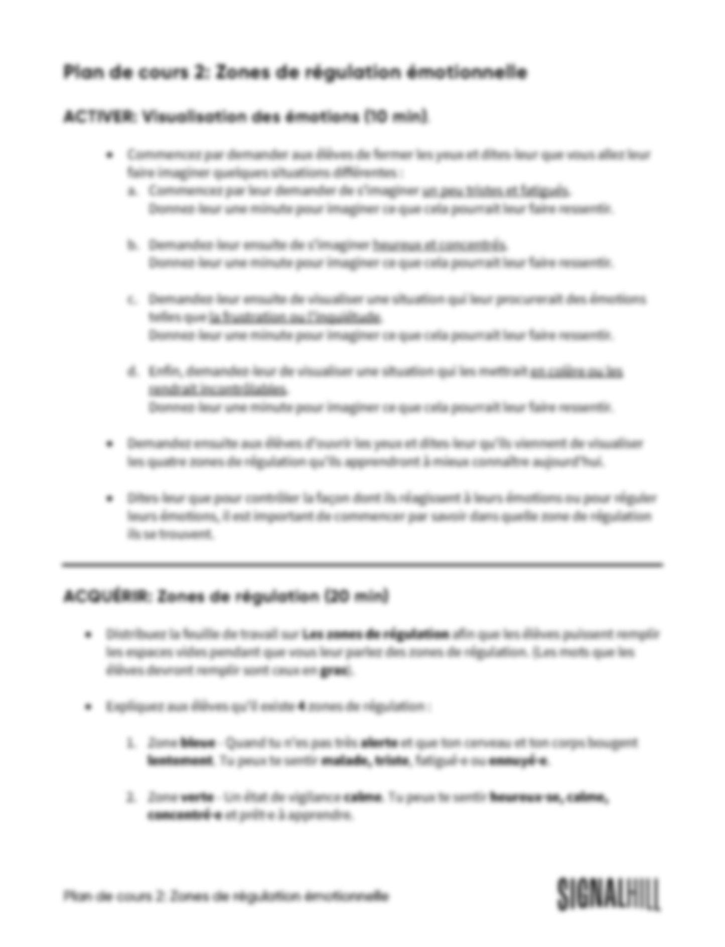 Plan de cours 2: Zones de régulation émotionnelle
