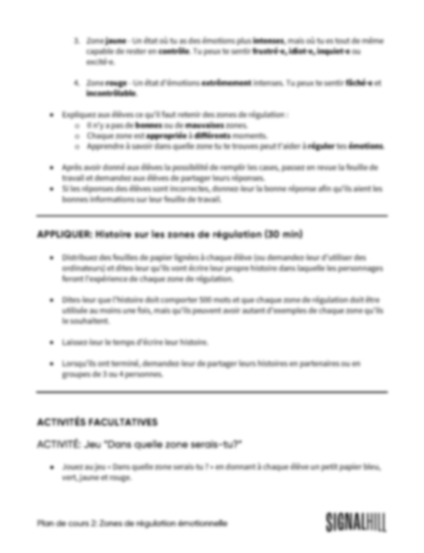 Plan de cours 2: Zones de régulation émotionnelle