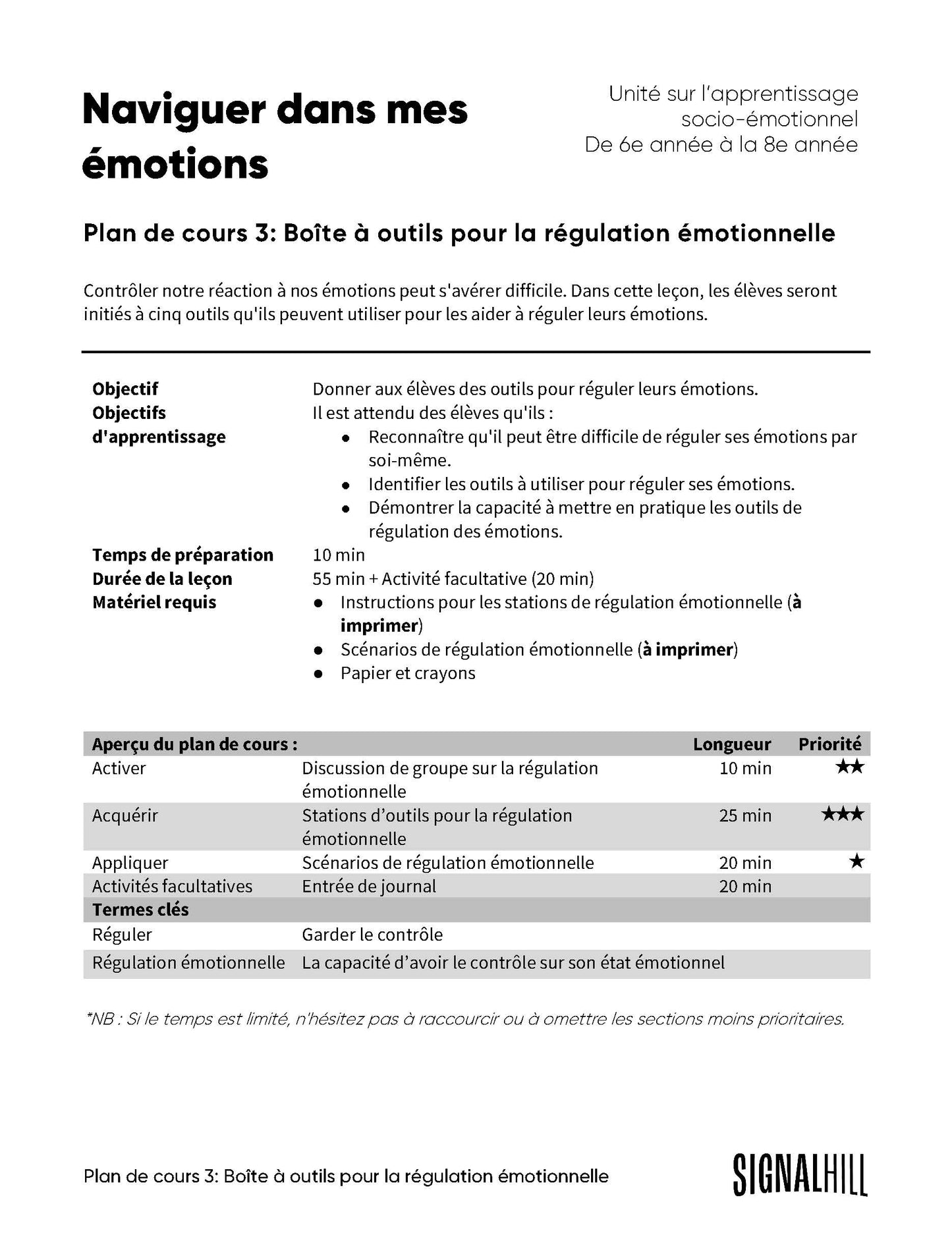 Plan de cours 3: Boîte à outils pour la régulation émotionnelle