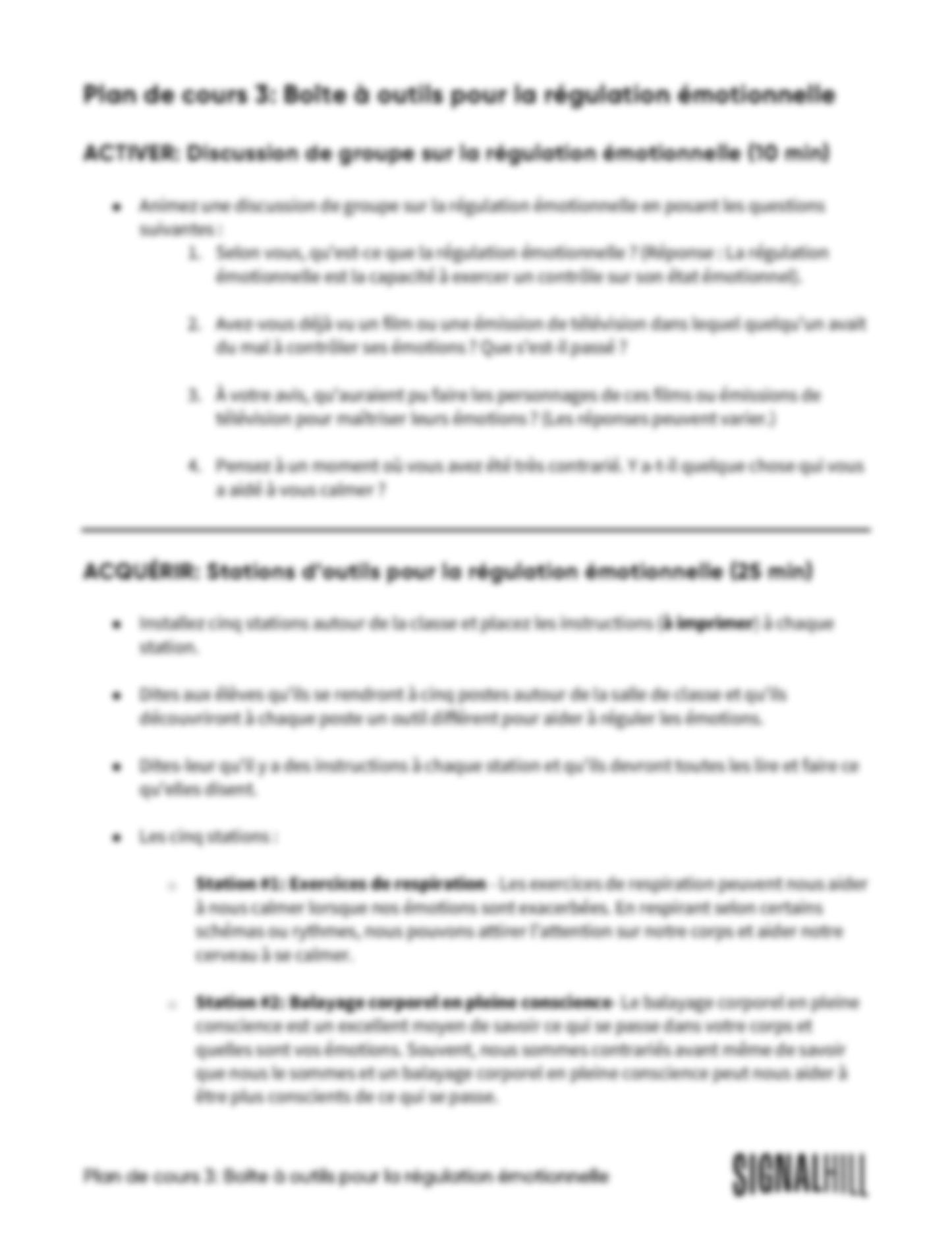 Plan de cours 3: Boîte à outils pour la régulation émotionnelle