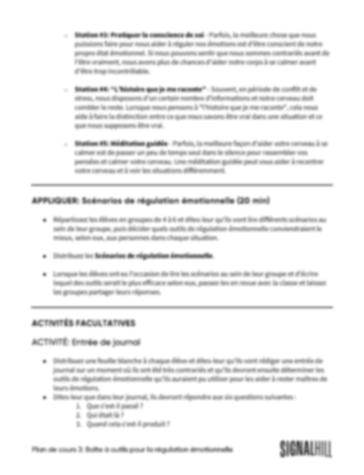 Plan de cours 3: Boîte à outils pour la régulation émotionnelle