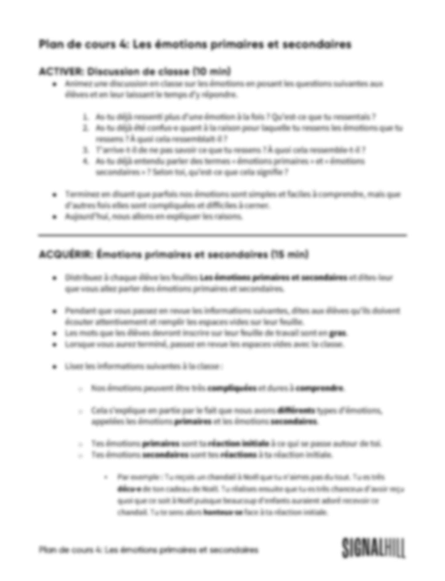 Plan de cours 4: Les émotions primaires et secondaires