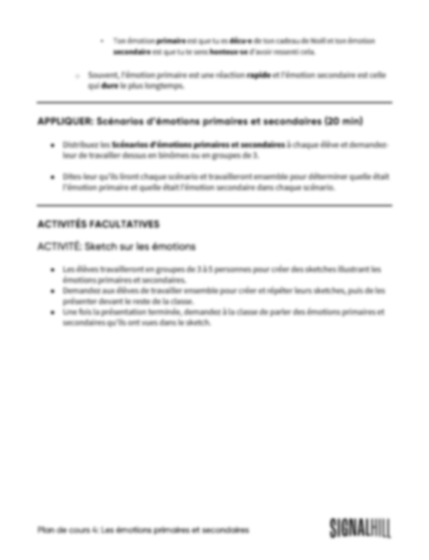 Plan de cours 4: Les émotions primaires et secondaires