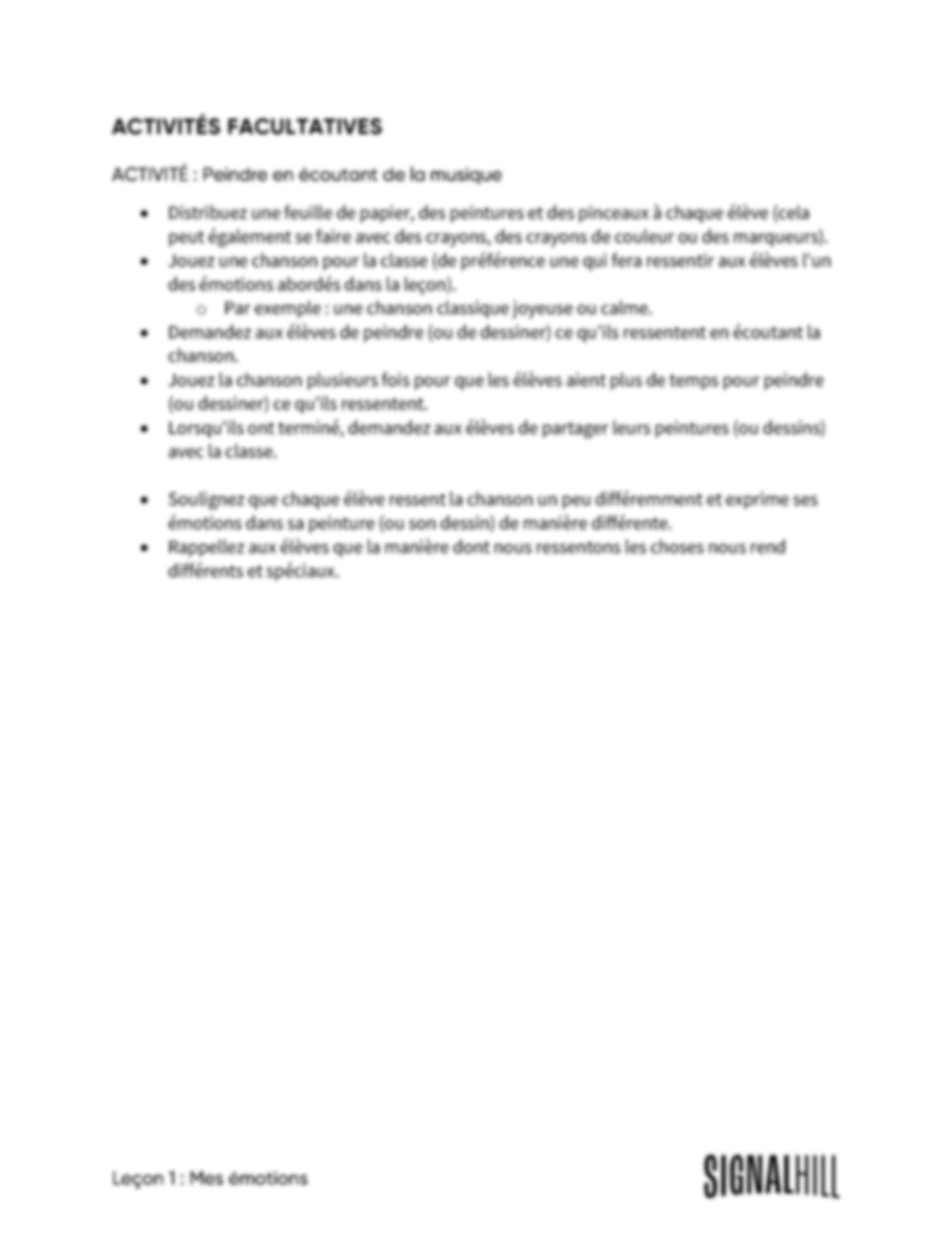 Plan de cours 1: Mes émotions