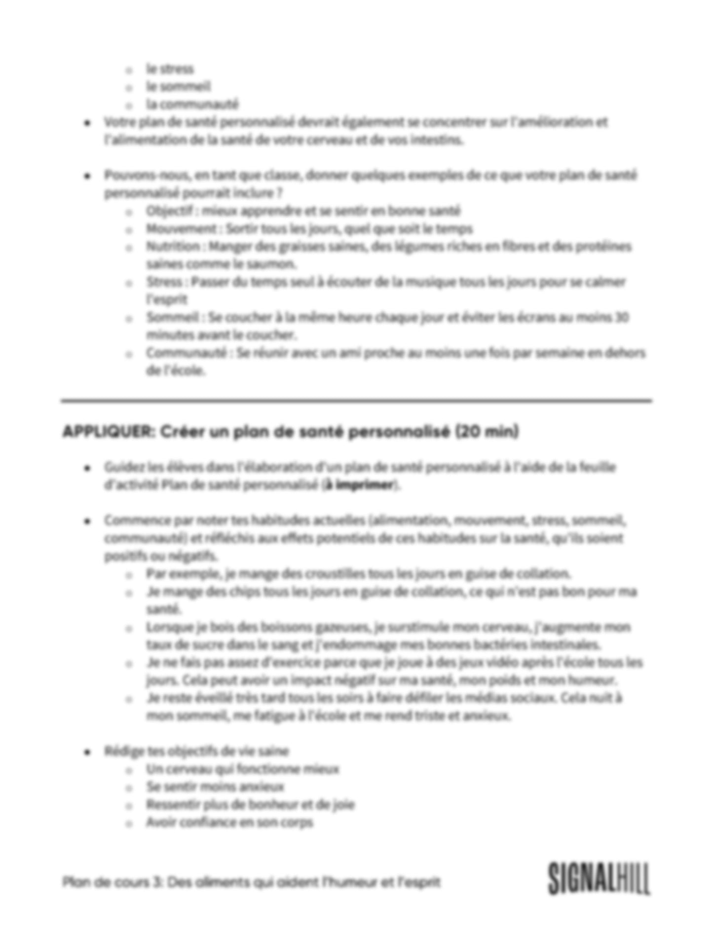 Plan de cours 3: Des aliments qui aident l’humeur et l’esprit