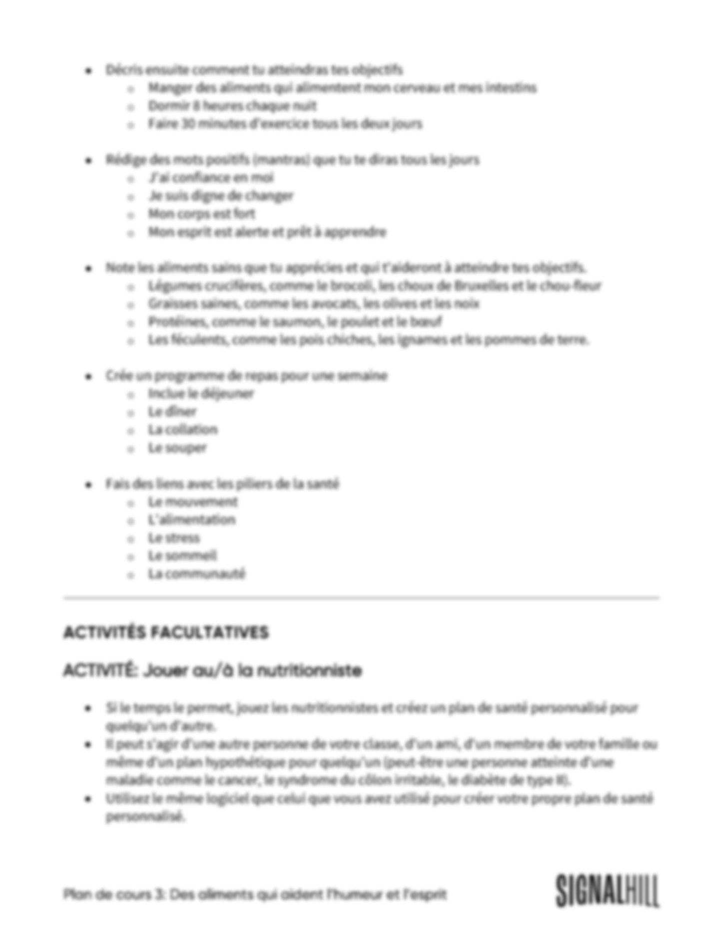 Plan de cours 3: Des aliments qui aident l’humeur et l’esprit