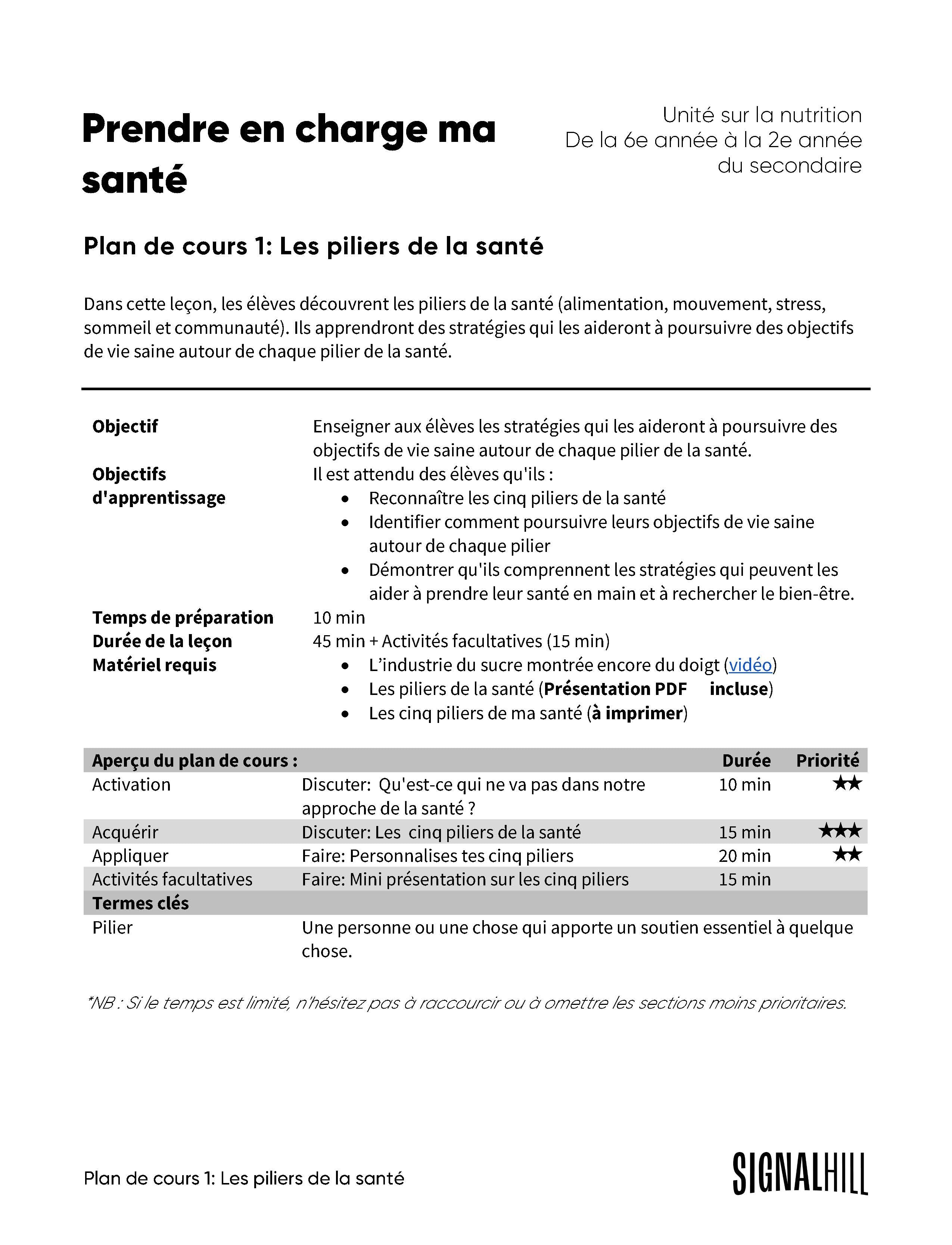 Prendre en charge ma santé - Ensemble de plans de cours (4 plans de co ...